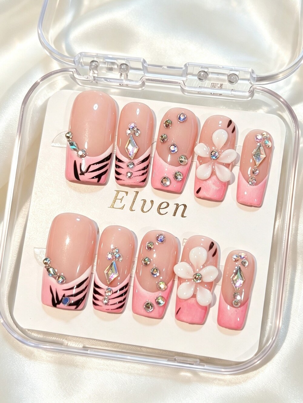 Pink Floral Rhinestone French Tips Handmade Medium Square Press On Nails Set